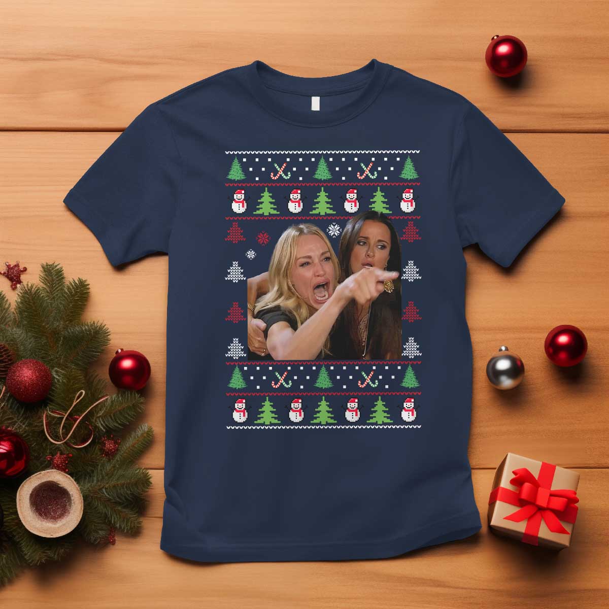 Woman Yelling At A Cat Ugly Christmas T Shirt Funny Meme Matching Couple Christmas Pajama TS10 Navy Print Your Wear