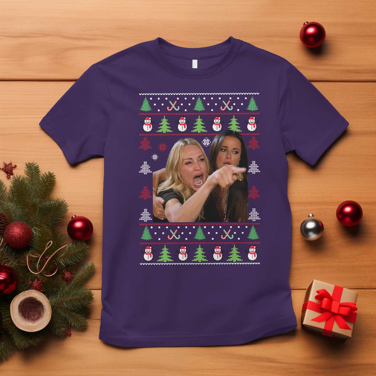 Woman Yelling At A Cat Ugly Christmas T Shirt Funny Meme Matching Couple Christmas Pajama TS10 Purple Print Your Wear