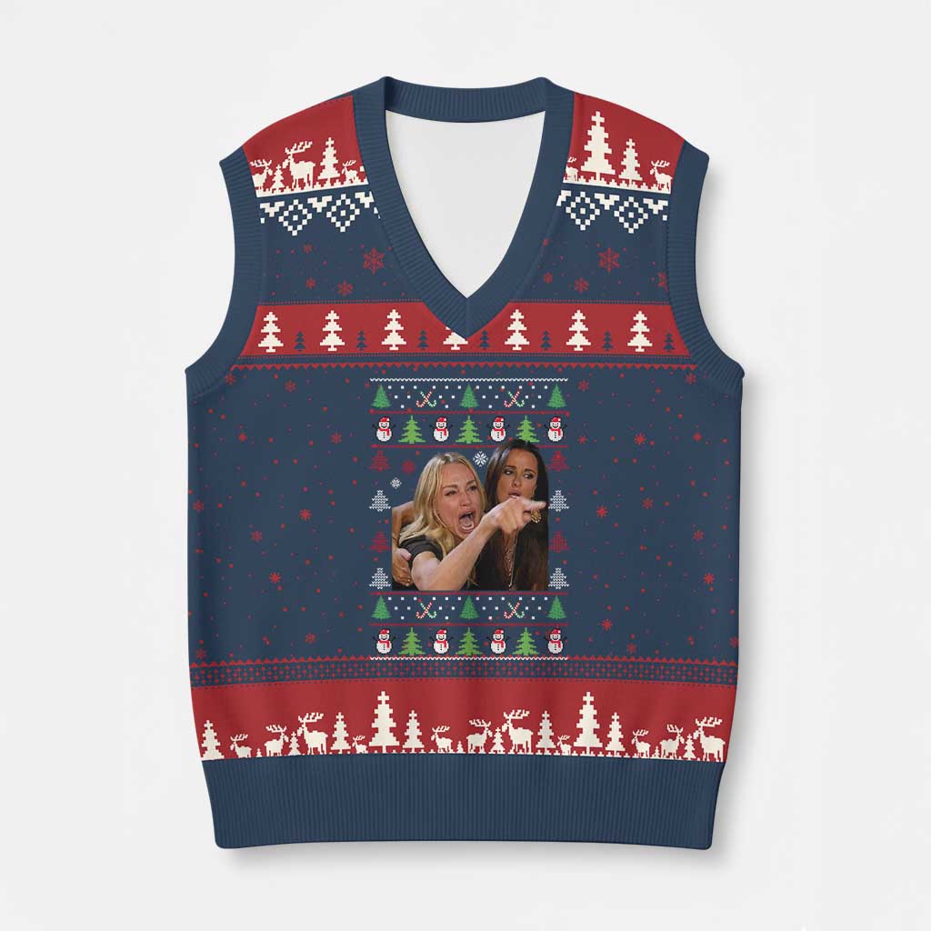 Woman Yelling At A Cat Ugly Xmas V-Neck Knit Sweater Vest Funny Meme Matching Couple Xmas Pajama TS10 Navy Red Print Your Wear