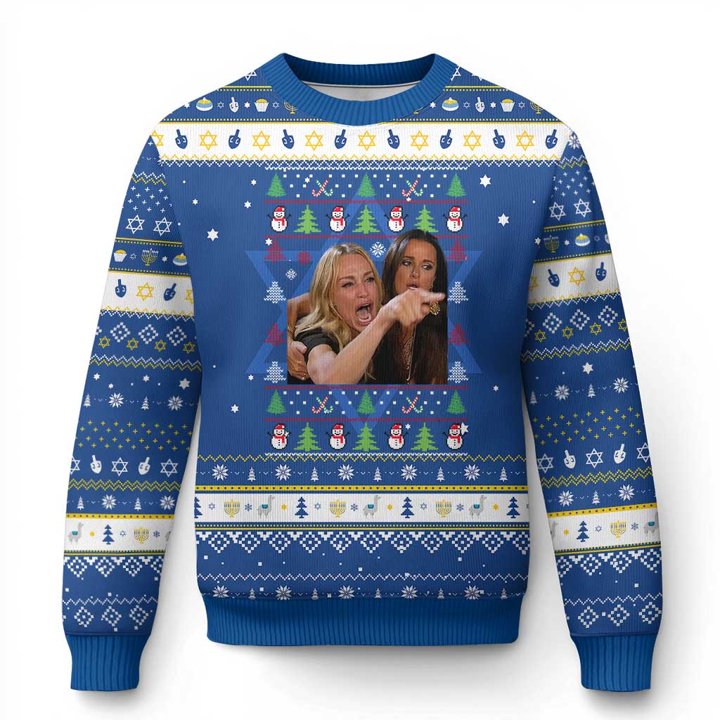 Woman Yelling At A Cat Ugly Christmas Hanukkah Ugly Sweater Funny Meme Matching Couple Christmas Pajama TS10 Blue White Print Your Wear