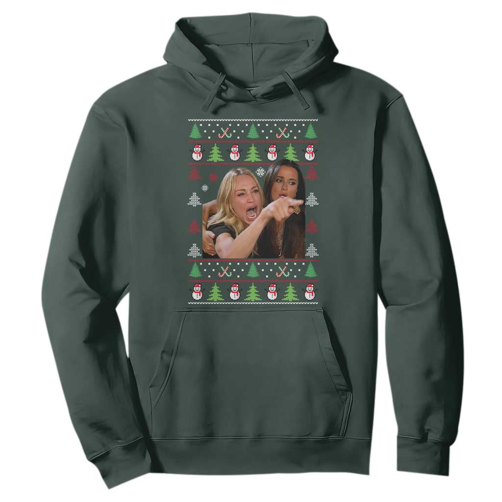Woman Yelling At A Cat Ugly Christmas Hoodie Funny Meme Matching Couple Christmas Pajama TS10 Dark Forest Green Print Your Wear