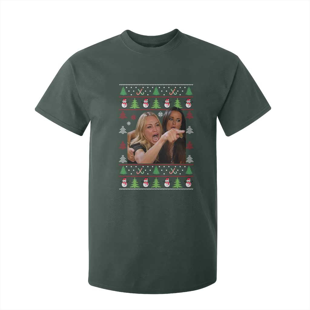 Woman Yelling At A Cat Ugly Christmas T Shirt For Kid Funny Meme Matching Couple Christmas Pajama TS10 Dark Forest Green Print Your Wear