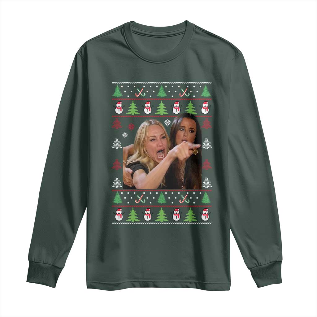 Woman Yelling At A Cat Ugly Christmas Long Sleeve Shirt Funny Meme Matching Couple Christmas Pajama TS10 Dark Forest Green Print Your Wear