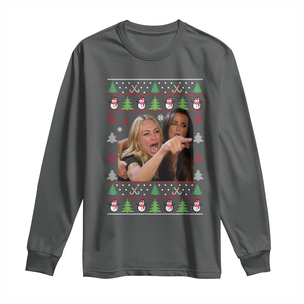 Woman Yelling At A Cat Ugly Christmas Long Sleeve Shirt Funny Meme Matching Couple Christmas Pajama TS10 Dark Heather Print Your Wear
