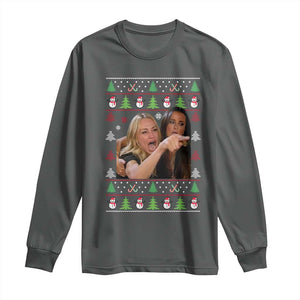 Woman Yelling At A Cat Ugly Christmas Long Sleeve Shirt Funny Meme Matching Couple Christmas Pajama TS10 Dark Heather Print Your Wear