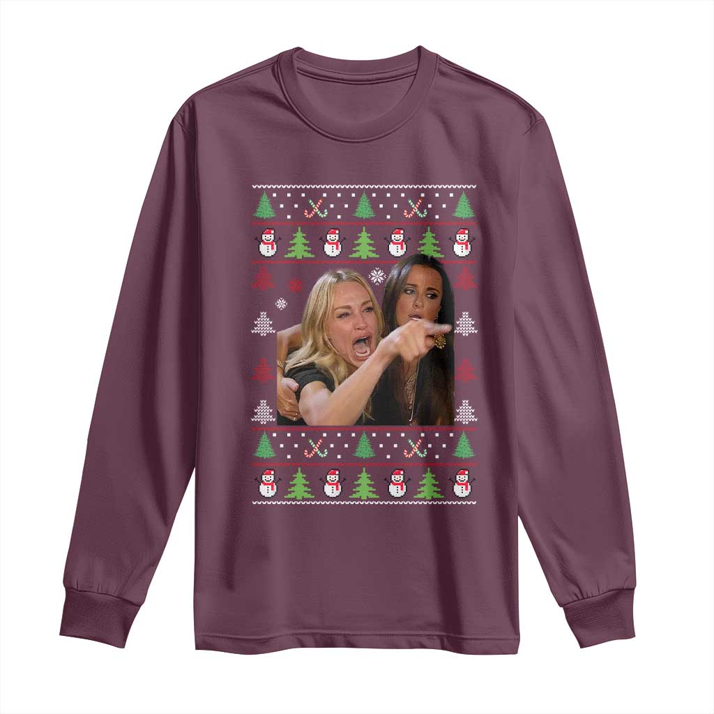 Woman Yelling At A Cat Ugly Christmas Long Sleeve Shirt Funny Meme Matching Couple Christmas Pajama TS10 Maroon Print Your Wear
