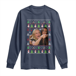Woman Yelling At A Cat Ugly Christmas Long Sleeve Shirt Funny Meme Matching Couple Christmas Pajama TS10 Navy Print Your Wear