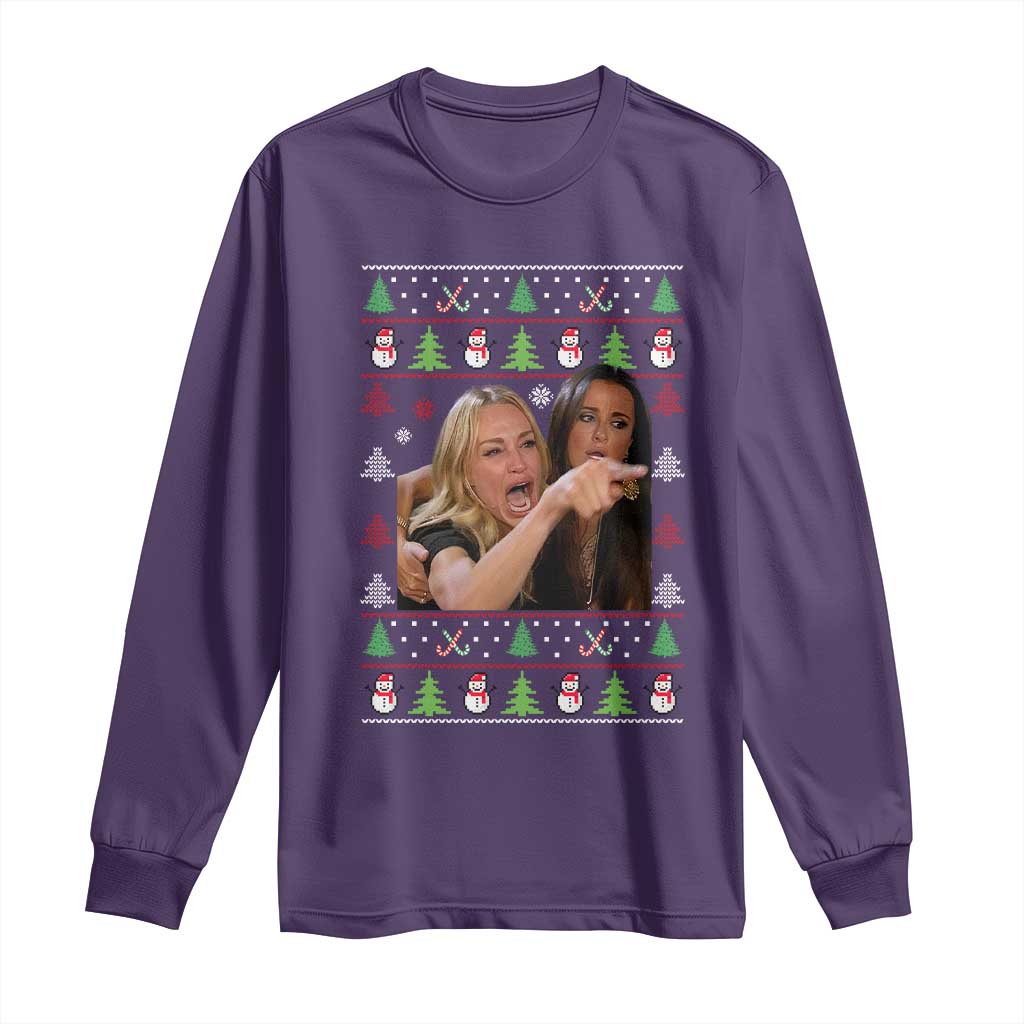Woman Yelling At A Cat Ugly Christmas Long Sleeve Shirt Funny Meme Matching Couple Christmas Pajama TS10 Purple Print Your Wear