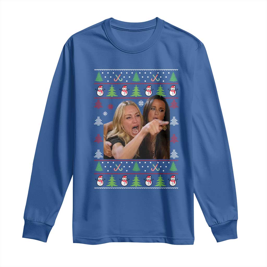 Woman Yelling At A Cat Ugly Christmas Long Sleeve Shirt Funny Meme Matching Couple Christmas Pajama TS10 Royal Blue Print Your Wear