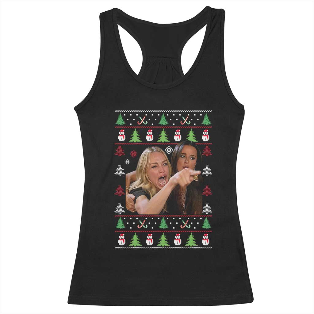 Woman Yelling At A Cat Ugly Christmas Racerback Tank Top Funny Meme Matching Couple Christmas Pajama TS10 Black Print Your Wear