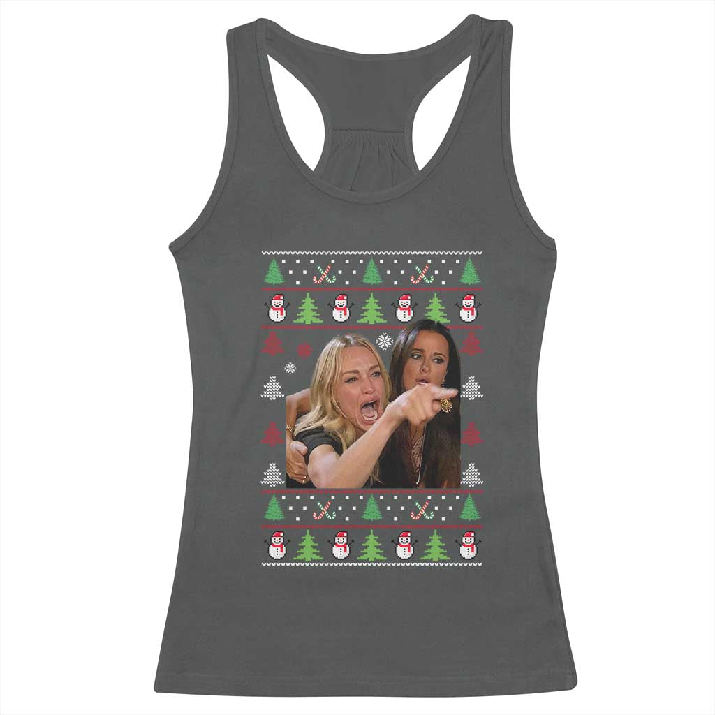 Woman Yelling At A Cat Ugly Christmas Racerback Tank Top Funny Meme Matching Couple Christmas Pajama TS10 Dark Heather Print Your Wear