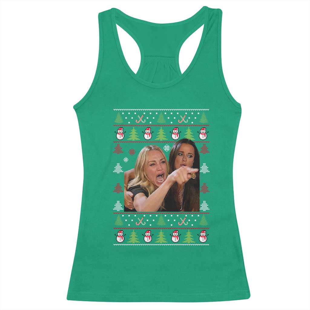 Woman Yelling At A Cat Ugly Christmas Racerback Tank Top Funny Meme Matching Couple Christmas Pajama TS10 Irish Green Print Your Wear
