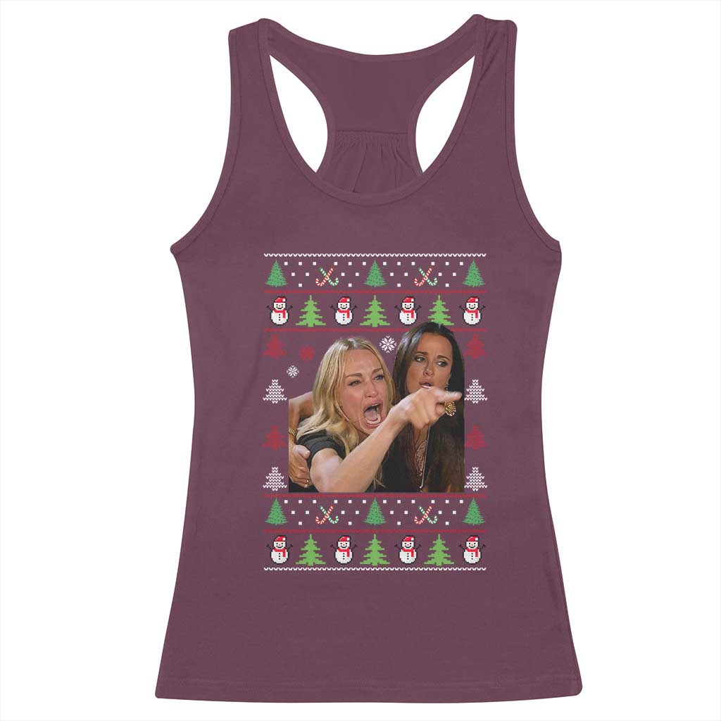 Woman Yelling At A Cat Ugly Christmas Racerback Tank Top Funny Meme Matching Couple Christmas Pajama TS10 Maroon Print Your Wear