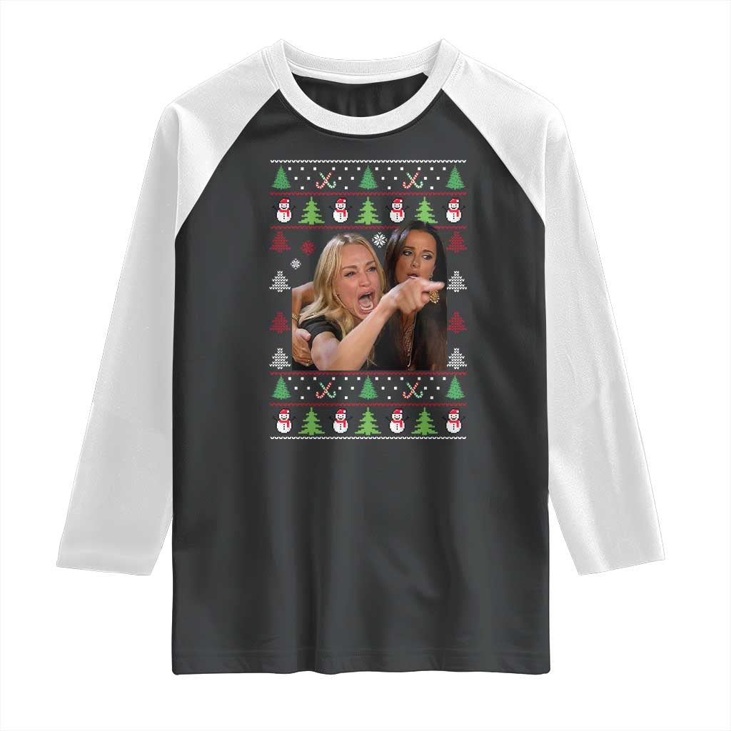 Woman Yelling At A Cat Ugly Christmas Raglan Shirt Funny Meme Matching Couple Christmas Pajama TS10 Black White Print Your Wear