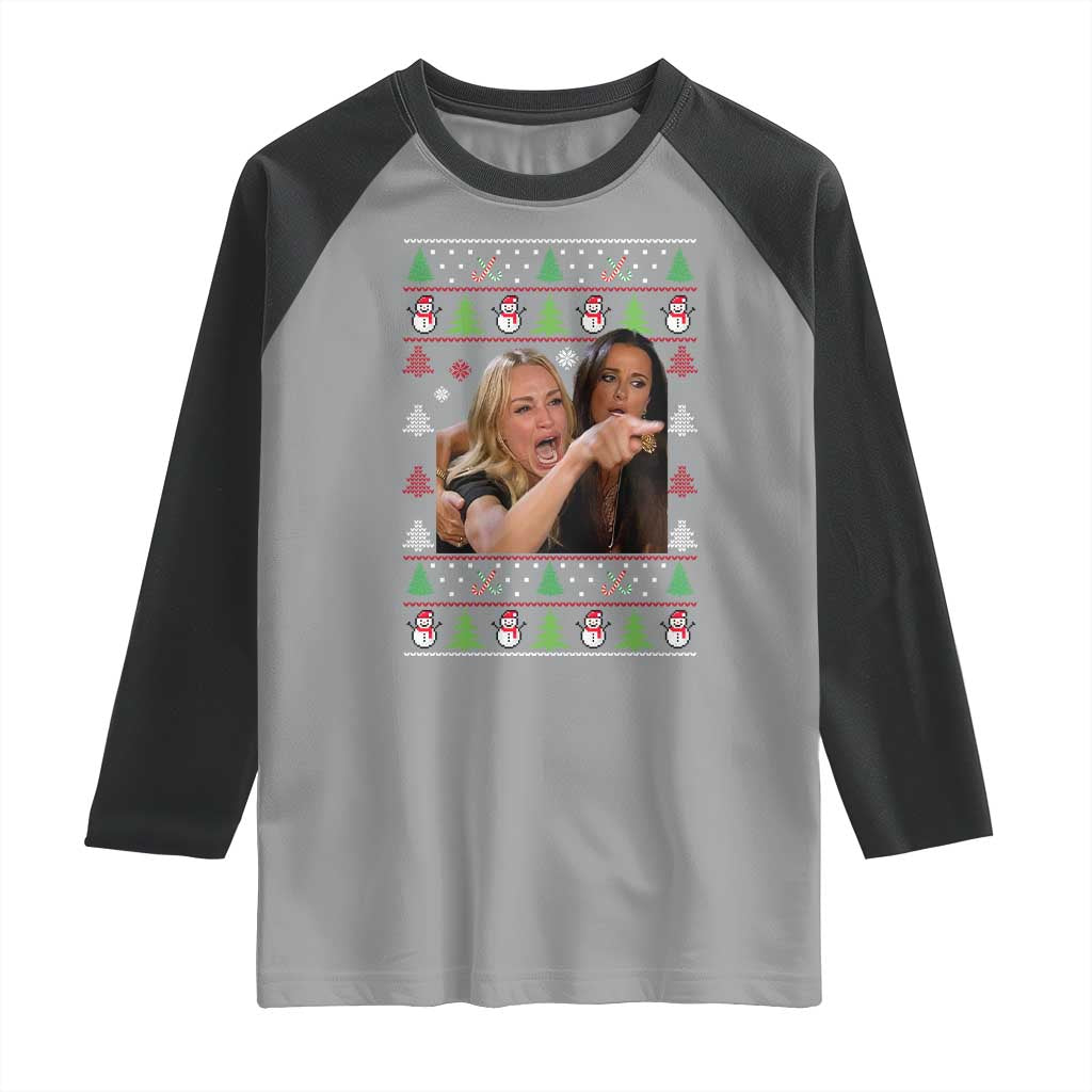 Woman Yelling At A Cat Ugly Christmas Raglan Shirt Funny Meme Matching Couple Christmas Pajama TS10 Sport Gray Black Print Your Wear