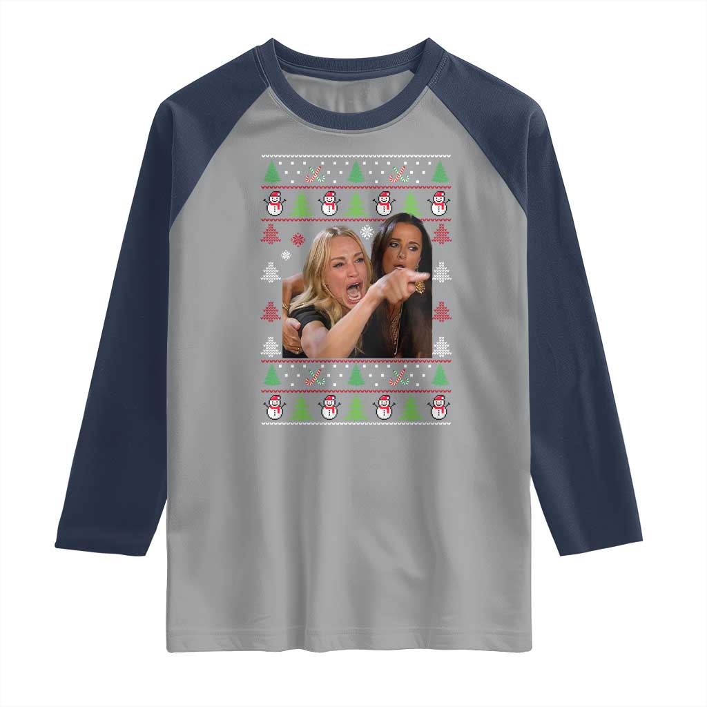 Woman Yelling At A Cat Ugly Christmas Raglan Shirt Funny Meme Matching Couple Christmas Pajama TS10 Sport Gray Navy Print Your Wear