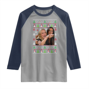 Woman Yelling At A Cat Ugly Christmas Raglan Shirt Funny Meme Matching Couple Christmas Pajama TS10 Sport Gray Navy Print Your Wear