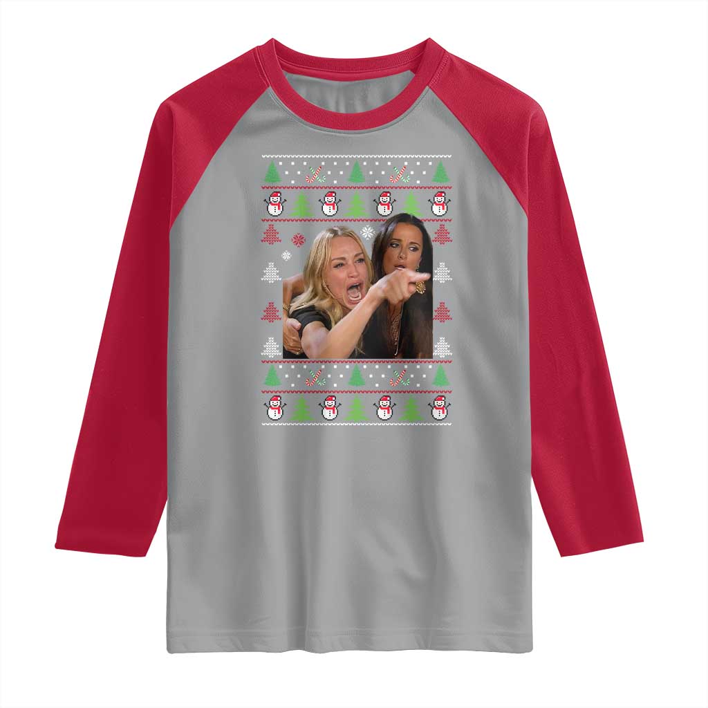 Woman Yelling At A Cat Ugly Christmas Raglan Shirt Funny Meme Matching Couple Christmas Pajama TS10 Sport Gray Red Print Your Wear