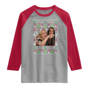 Woman Yelling At A Cat Ugly Christmas Raglan Shirt Funny Meme Matching Couple Christmas Pajama TS10 Sport Gray Red Print Your Wear