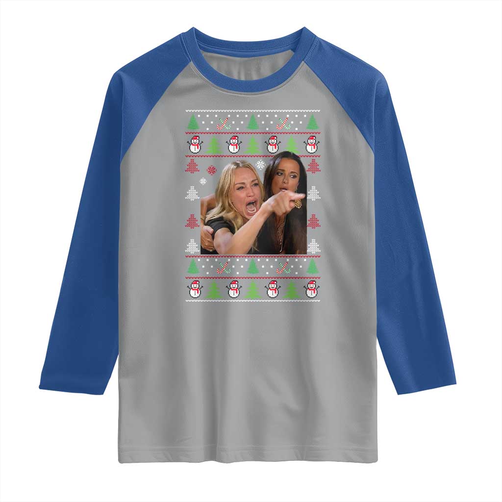 Woman Yelling At A Cat Ugly Christmas Raglan Shirt Funny Meme Matching Couple Christmas Pajama TS10 Sport Gray Royal Print Your Wear