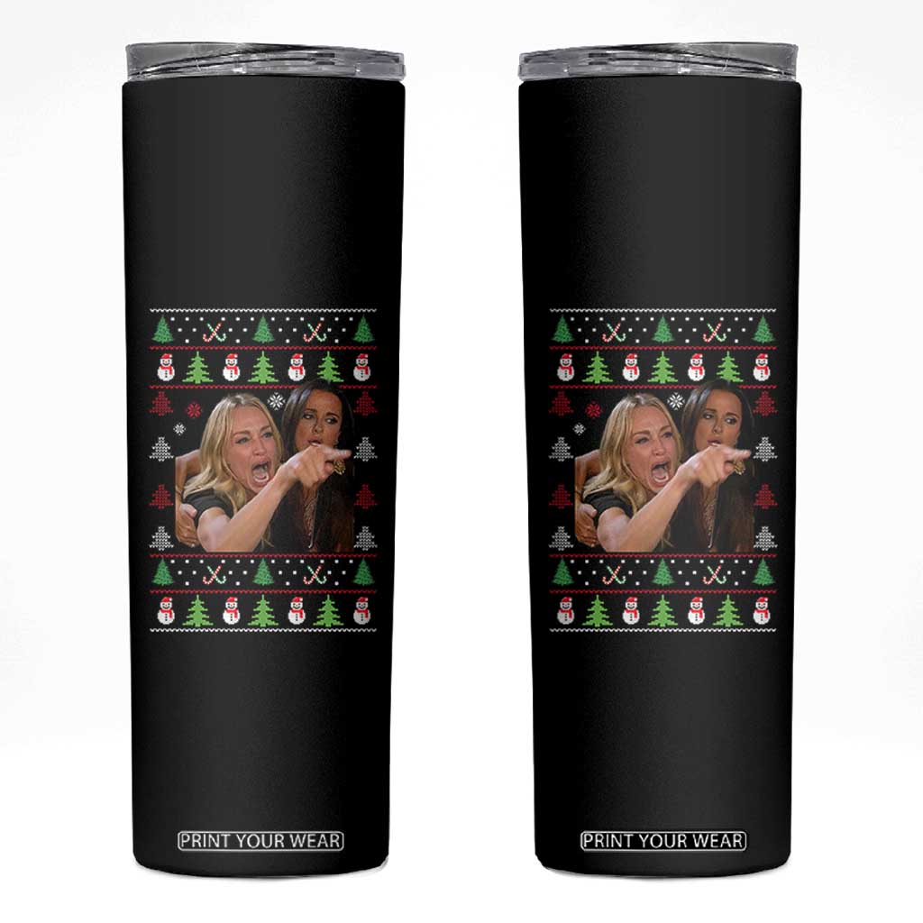 Woman Yelling At A Cat Ugly Christmas Skinny Tumbler Funny Meme Matching Couple Christmas Pajama TS10 Black Print Your Wear