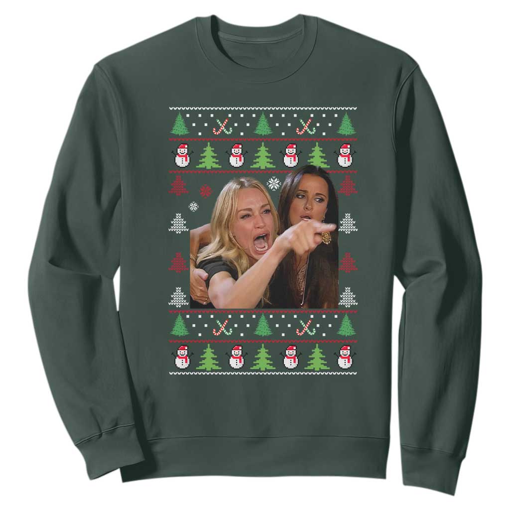 Woman Yelling At A Cat Ugly Christmas Sweatshirt Funny Meme Matching Couple Christmas Pajama TS10 Dark Forest Green Print Your Wear