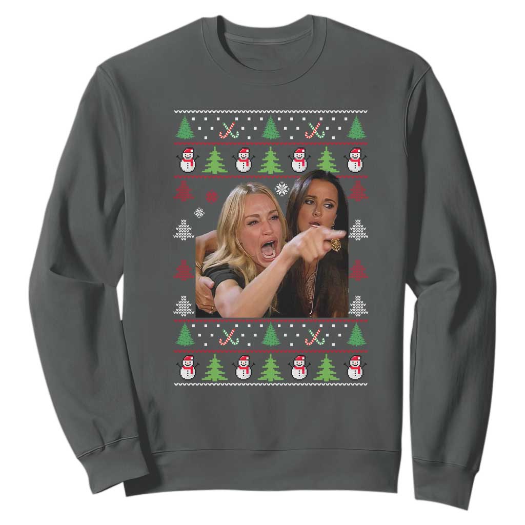 Woman Yelling At A Cat Ugly Christmas Sweatshirt Funny Meme Matching Couple Christmas Pajama TS10 Dark Heather Print Your Wear
