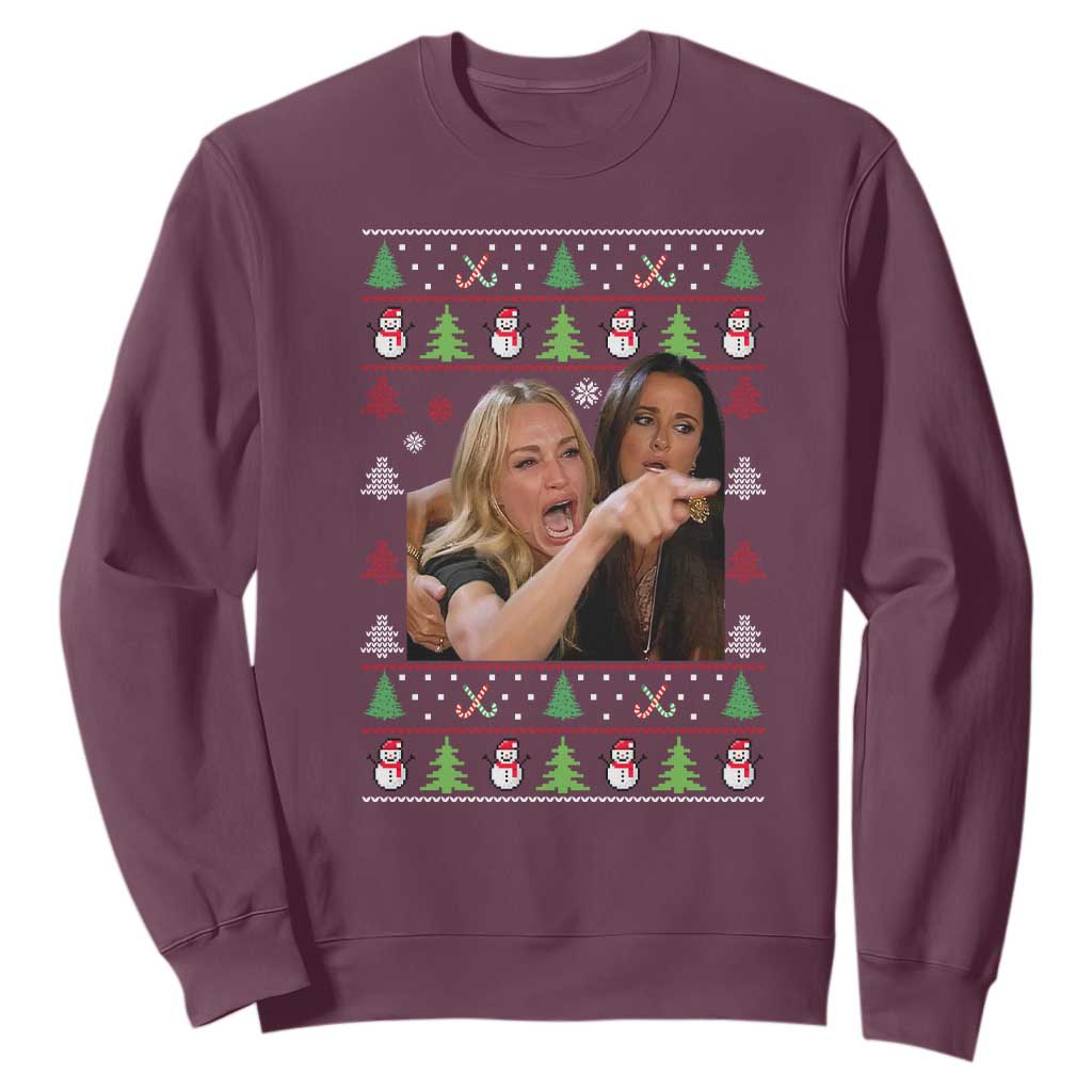 Woman Yelling At A Cat Ugly Christmas Sweatshirt Funny Meme Matching Couple Christmas Pajama TS10 Maroon Print Your Wear