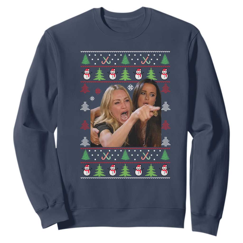 Woman Yelling At A Cat Ugly Christmas Sweatshirt Funny Meme Matching Couple Christmas Pajama TS10 Navy Print Your Wear