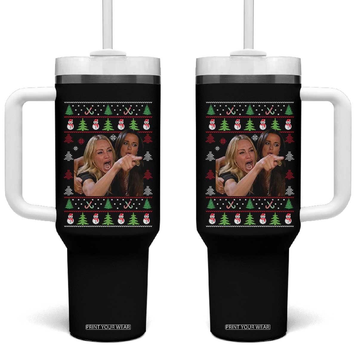 Woman Yelling At A Cat Ugly Christmas Tumbler With Handle Funny Meme Matching Couple Christmas Pajama TS10 One Size: 40 oz Black Print Your Wear