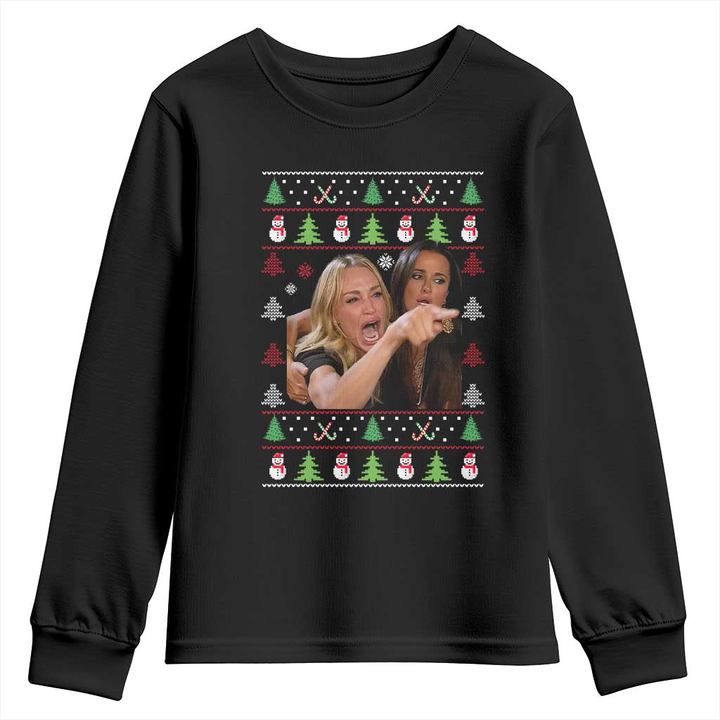 Woman Yelling At A Cat Ugly Christmas Youth Sweatshirt Funny Meme Matching Couple Christmas Pajama TS10 Black Print Your Wear