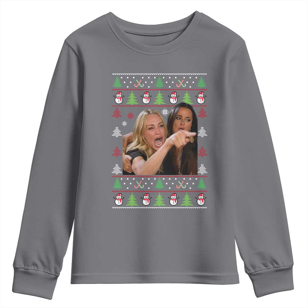 Woman Yelling At A Cat Ugly Christmas Youth Sweatshirt Funny Meme Matching Couple Christmas Pajama TS10 Charcoal Print Your Wear