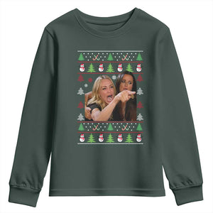 Woman Yelling At A Cat Ugly Christmas Youth Sweatshirt Funny Meme Matching Couple Christmas Pajama TS10 Dark Forest Green Print Your Wear