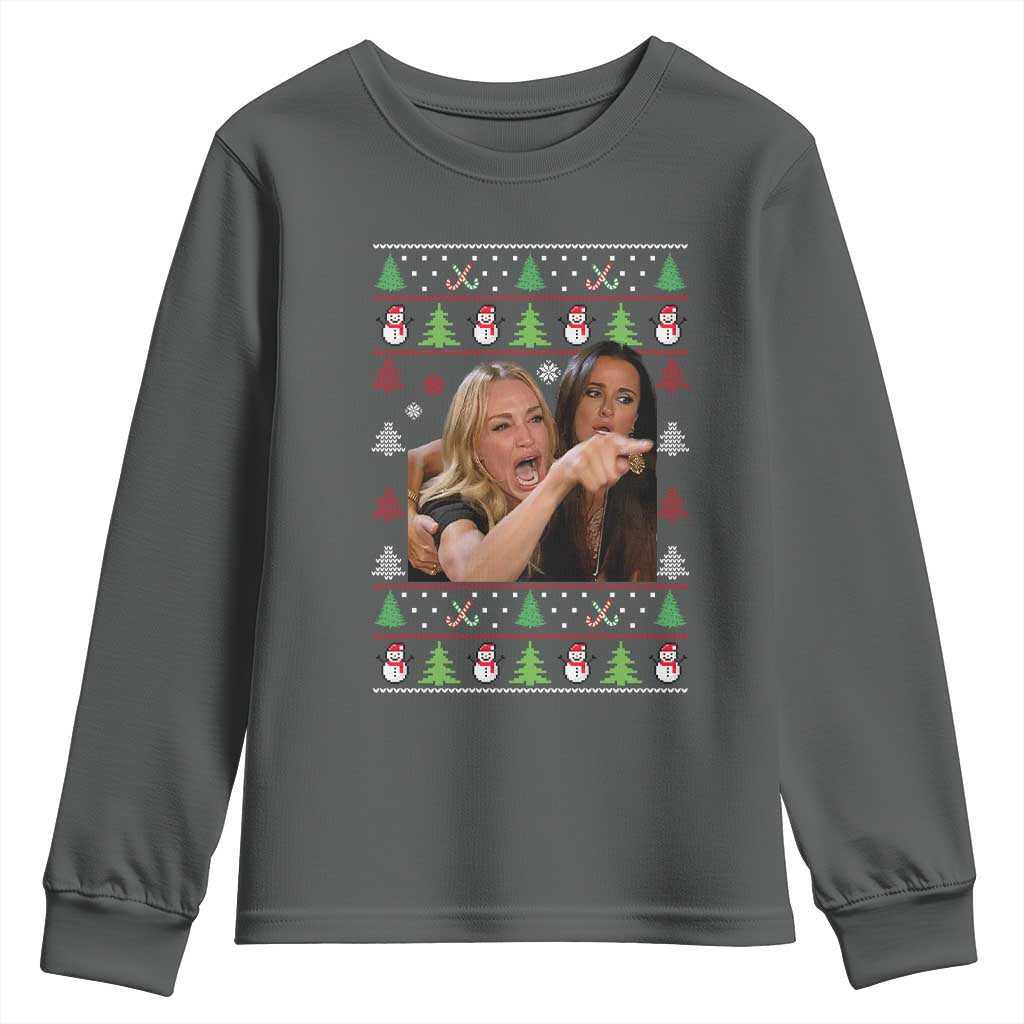 Woman Yelling At A Cat Ugly Christmas Youth Sweatshirt Funny Meme Matching Couple Christmas Pajama TS10 Dark Heather Print Your Wear