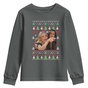 Woman Yelling At A Cat Ugly Christmas Youth Sweatshirt Funny Meme Matching Couple Christmas Pajama TS10 Dark Heather Print Your Wear