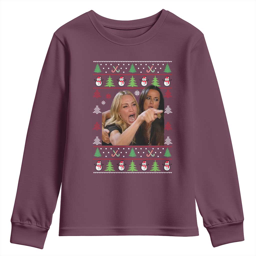 Woman Yelling At A Cat Ugly Christmas Youth Sweatshirt Funny Meme Matching Couple Christmas Pajama TS10 Maroon Print Your Wear