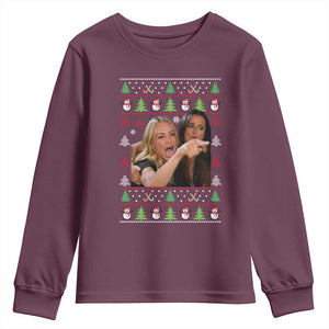 Woman Yelling At A Cat Ugly Christmas Youth Sweatshirt Funny Meme Matching Couple Christmas Pajama TS10 Maroon Print Your Wear