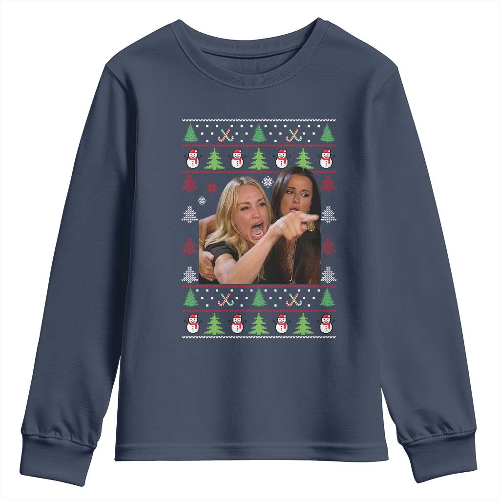 Woman Yelling At A Cat Ugly Christmas Youth Sweatshirt Funny Meme Matching Couple Christmas Pajama TS10 Navy Print Your Wear