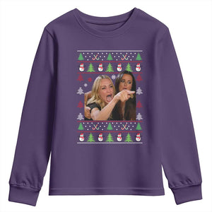 Woman Yelling At A Cat Ugly Christmas Youth Sweatshirt Funny Meme Matching Couple Christmas Pajama TS10 Purple Print Your Wear