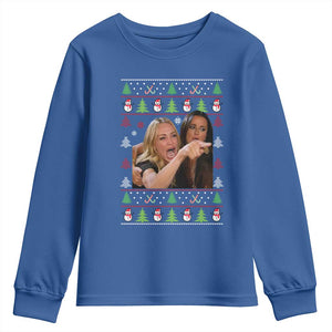 Woman Yelling At A Cat Ugly Christmas Youth Sweatshirt Funny Meme Matching Couple Christmas Pajama TS10 Royal Blue Print Your Wear
