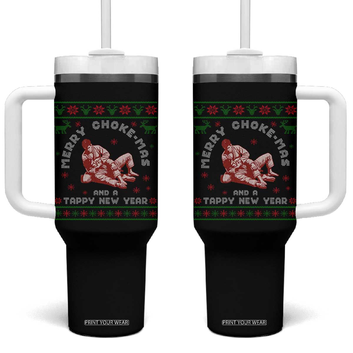 Funny Jiu Jitsu Christmas Tumbler With Handle Holiday Martial Arts BJJ Lover Ugly Xmas TS10 One Size: 40 oz Black Print Your Wear