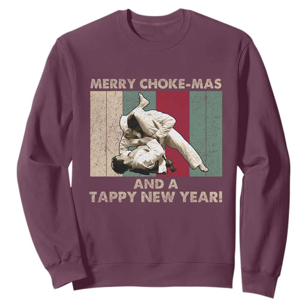 Jiu Jitsu Christmas Sweatshirt Retro Merry Choke Mas Tappy New Year Martial Arts BJJ Lover TS10 Maroon Print Your Wear