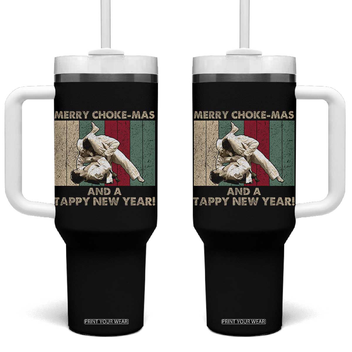 Jiu Jitsu Christmas Tumbler With Handle Retro Merry Choke Mas Tappy New Year Martial Arts BJJ Lover TS10 One Size: 40 oz Black Print Your Wear