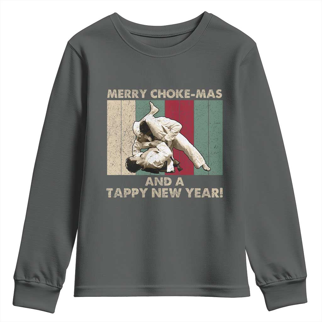 Jiu Jitsu Christmas Youth Sweatshirt Retro Merry Choke Mas Tappy New Year Martial Arts BJJ Lover TS10 Dark Heather Print Your Wear