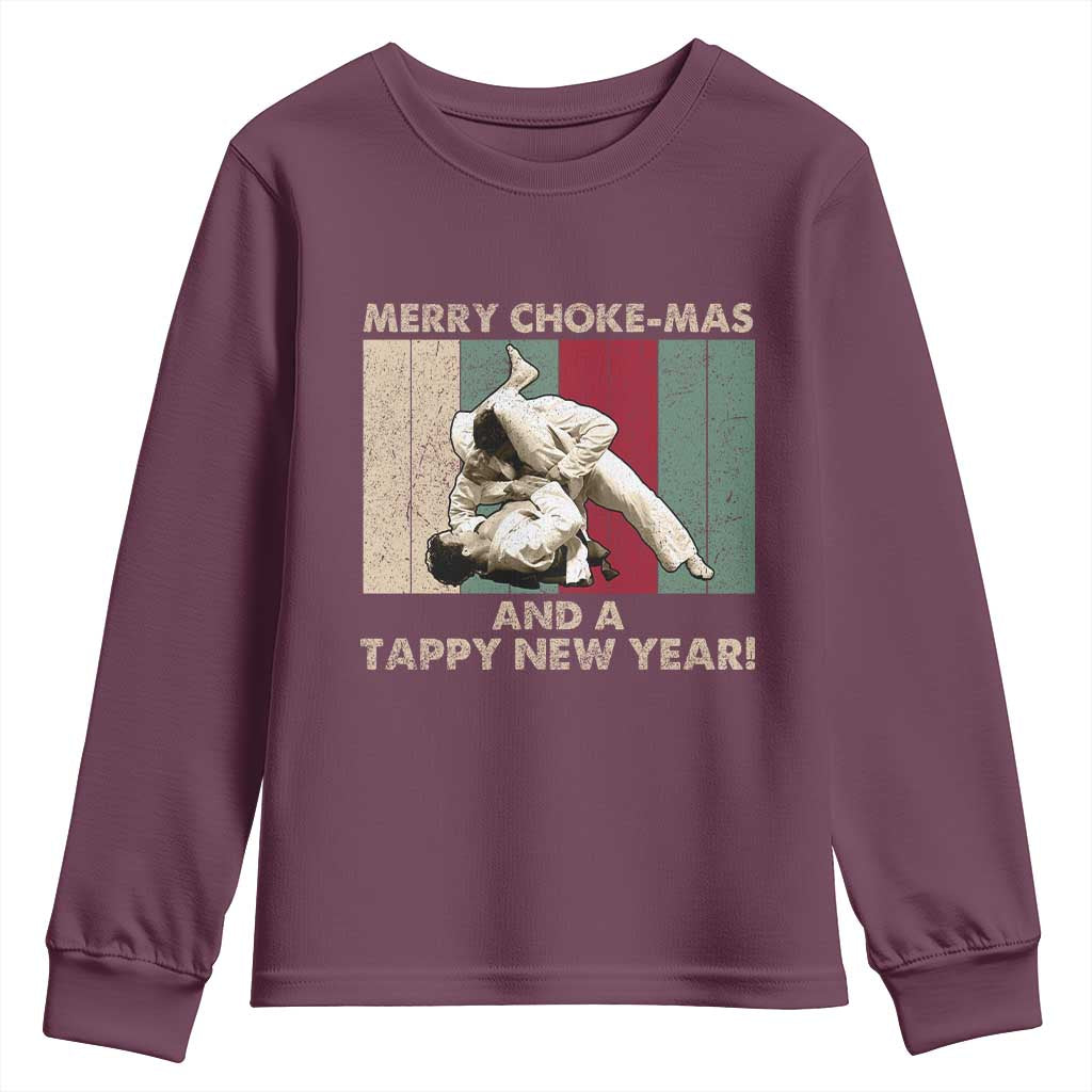 Jiu Jitsu Christmas Youth Sweatshirt Retro Merry Choke Mas Tappy New Year Martial Arts BJJ Lover TS10 Maroon Print Your Wear