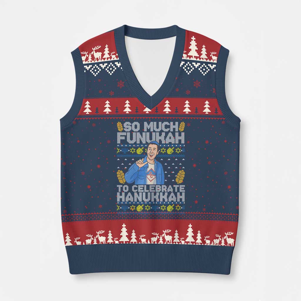 Funny Ugly Hanukkah V-Neck Knit Sweater Vest So Much Funukah To Celebrate Hanukkah Sandler TS10 Navy Red Print Your Wear