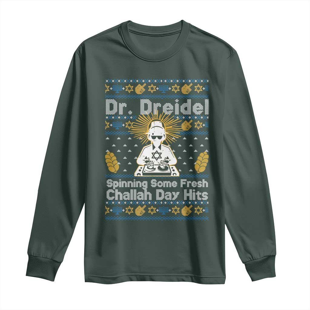 Funny Ugly Hanukkah Long Sleeve Shirt Mr Dreidel Dj Chanukkah Jewish TS10 Dark Forest Green Print Your Wear