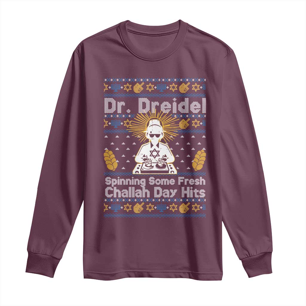Funny Ugly Hanukkah Long Sleeve Shirt Mr Dreidel Dj Chanukkah Jewish TS10 Maroon Print Your Wear