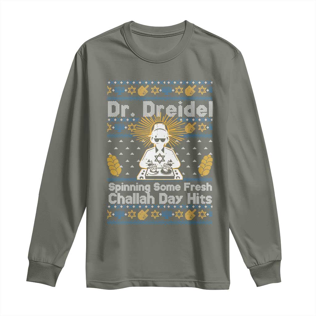 Funny Ugly Hanukkah Long Sleeve Shirt Mr Dreidel Dj Chanukkah Jewish TS10 Military Green Print Your Wear