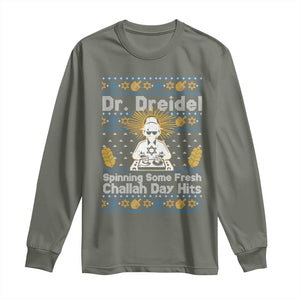 Funny Ugly Hanukkah Long Sleeve Shirt Mr Dreidel Dj Chanukkah Jewish TS10 Military Green Print Your Wear